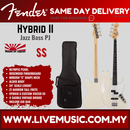 Fender Japan Hybrid II Jazz Bass PJ Guitar, RW FB, Olympic Pearl / Black / 3-Tone Sunburst / Vintage Natural