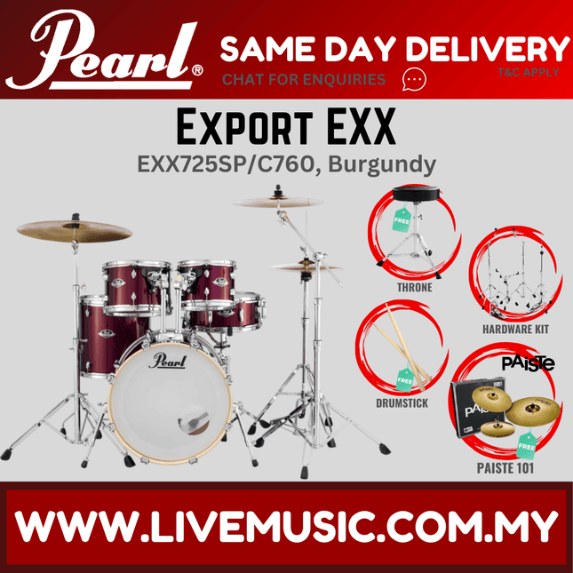 Pearl Export EXX 5-piece drum set with Paiste cymbals, burgundy finish