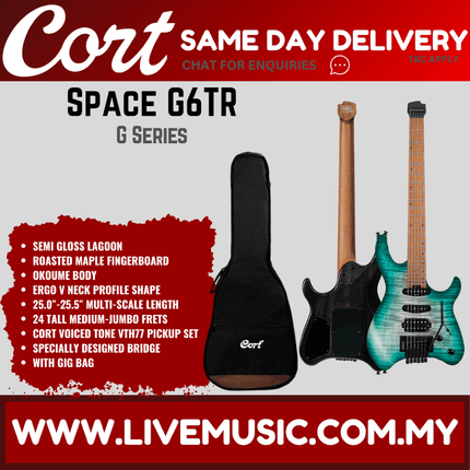 Cort Space G6TR Headless Electric Guitar w/ Gig Bag, Roasted Maple Fingerboard - Semi Gloss Lagoon