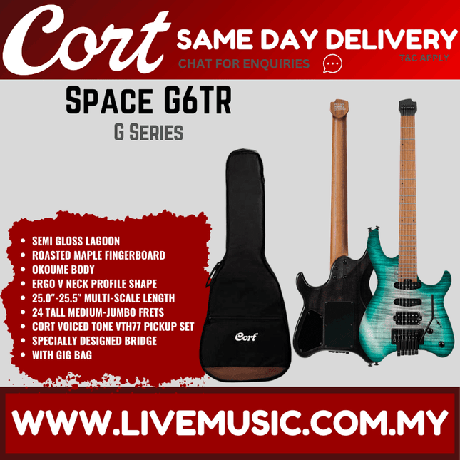 Cort Space G6TR Headless Electric Guitar w/ Gig Bag, Roasted Maple Fingerboard - Semi Gloss Lagoon