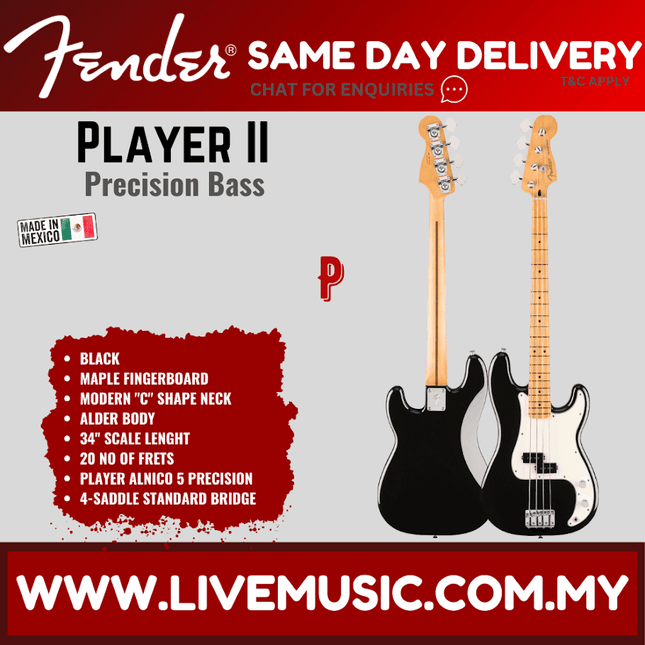 Black Precision Bass guitar with maple fretboard and black pickguard