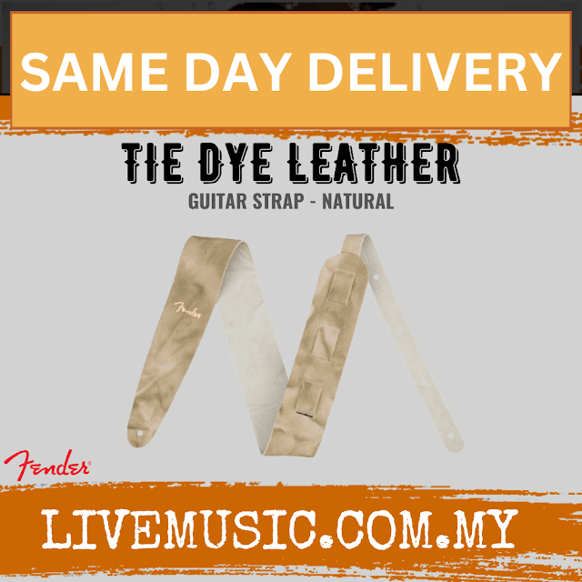 Natural leather guitar strap with tie-dye pattern and Fender branding