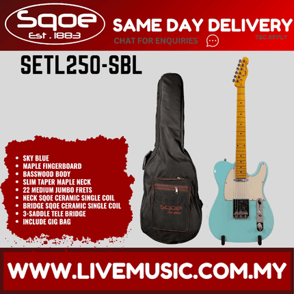 SQOE SETL250 Telecaster Electric Guitar w/Gig Bag, Maple FB - Sky Blue ( SETL-250 / SETL 250 )