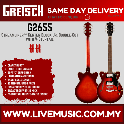 Gretsch G2655 Streamliner Center Block Jr. Double-Cut Electric Guitar w/V-Stoptail, Claret Burst