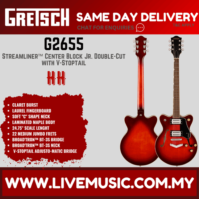 Gretsch G2655 Streamliner Center Block Jr. Double-Cut Electric Guitar w/V-Stoptail, Claret Burst