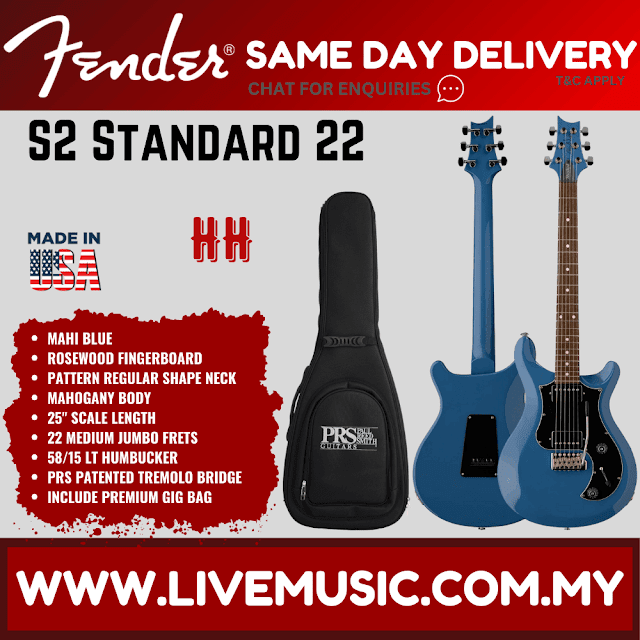 PRS S2 Standard 22 Electric Guitar w/Bag, Mahi Blue