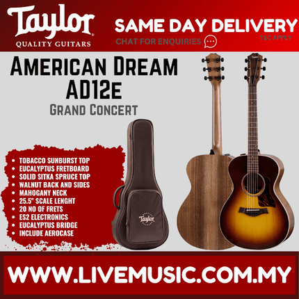 Taylor AD12e American Dream Grand Concert Acoustic Guitar, Tobacco Sunburst Top