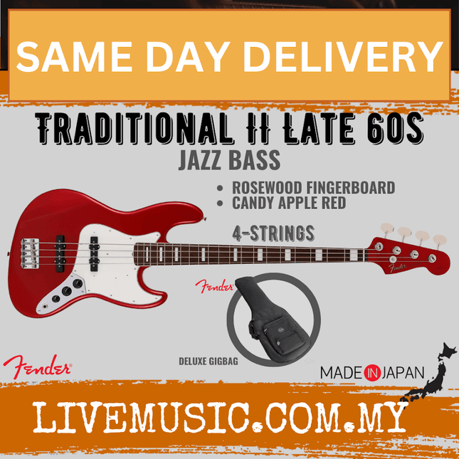 Fender Japan Traditional II Late 60s Jazz Bass Guitar, Rosewood Fretboard - Candy Apple Red