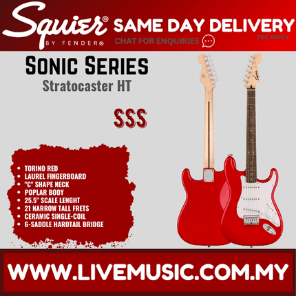 Squier Sonic Stratocaster HT Electric Guitar w/White Pickguard, Laurel FB, Torino Red