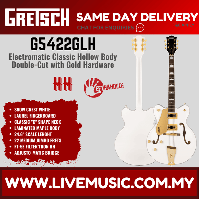 Gretsch G5422GLH Electromatic Classic Hollow Body Double-Cut Left-Handed Guitar, Snowcrest White