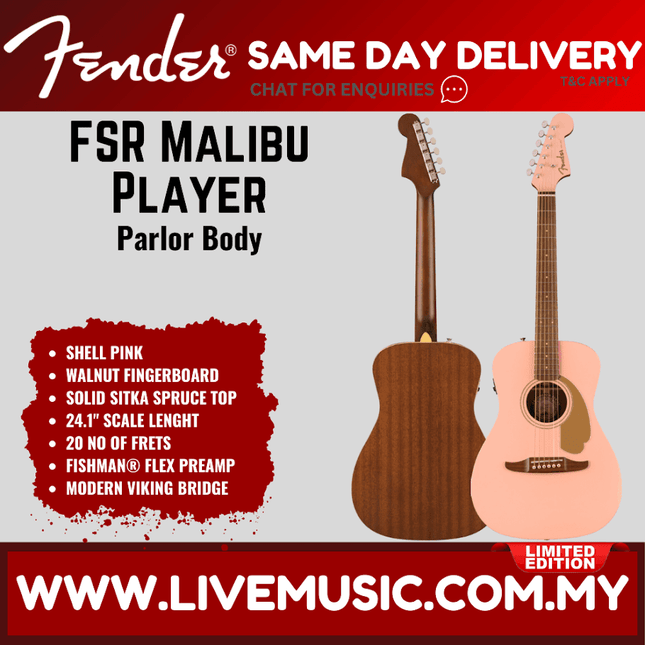 Fender FSR California Malibu Player Small-Bodied Acoustic Guitar, Walnut FB, Shell Pink