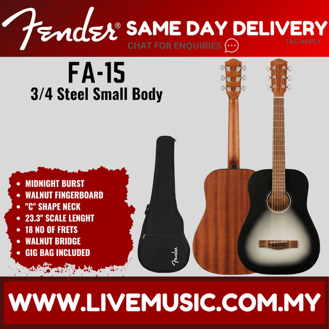 Fender Limited Edition FA-15 3/4 Size Steel String Acoustic Guitar w/ Gig Bag, Midnight Blue ( FA15 )