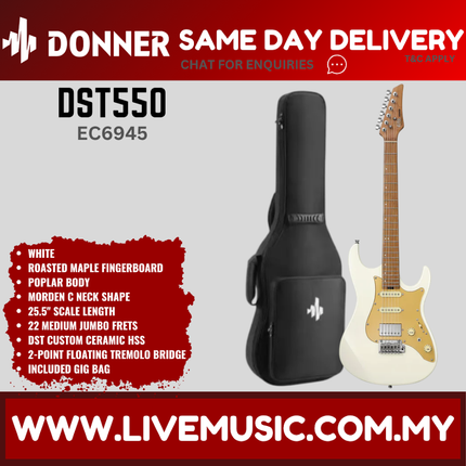 Donner EC6945 DST-550 Electric Guitar w/Gigbag, Roasted Maple Fingerboard, White ( DST550 / DST 550 )