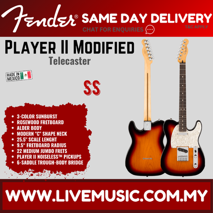 Fender Player II Modified Telecaster Electric Guitar, RW FB, 3 Tone Sunburst