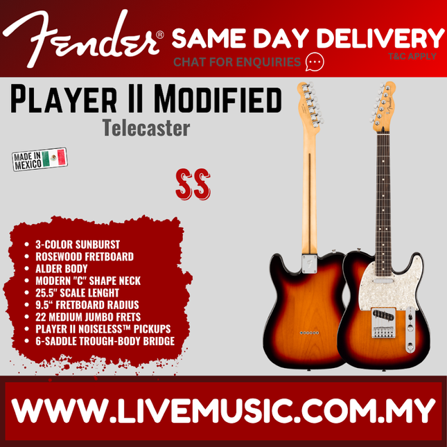 Fender Player II Modified Telecaster Electric Guitar, RW FB, 3 Tone Sunburst