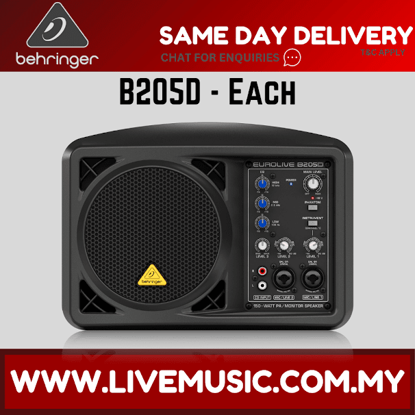 Behringer Eurolive B205D 150W 5.25" Powered Monitor Speaker w/Shure SV100 Vocal Microphone, Stand, Cable - Each ( B-205D / B 205D )