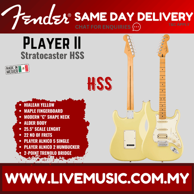 Fender Player II Stratocaster HSS Electric Guitar, Maple FB, Hialeah Yellow / Aquatone Blue / Black