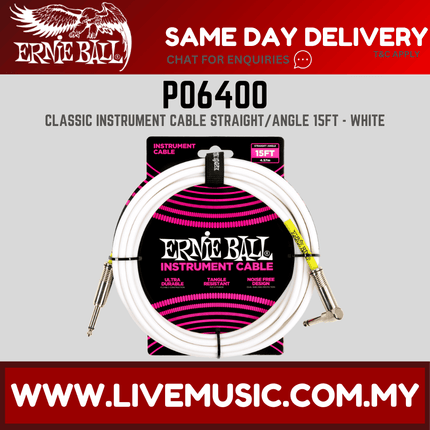 Ernie Ball 6400 Pvc Straight to Right Angle Instrument Cable, White, 15ft