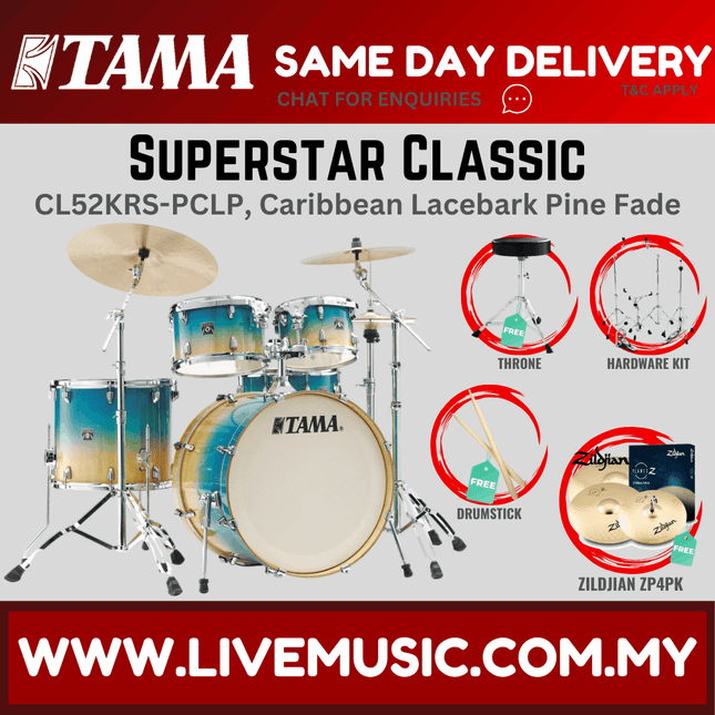 Tama Superstar Classic 5-piece drum set with cymbals, caribbean lacebark pine fade shells