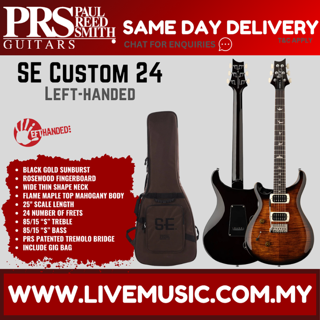 PRS SE Custom 24 Left-handed Electric Guitar, Black Gold Sunburst