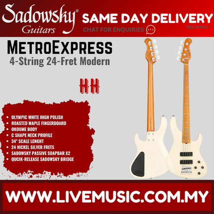 Sadowsky MetroExpress 24-Fret Modern 4-String Bass, Roasted Maple FB, Olympic White High Polish
