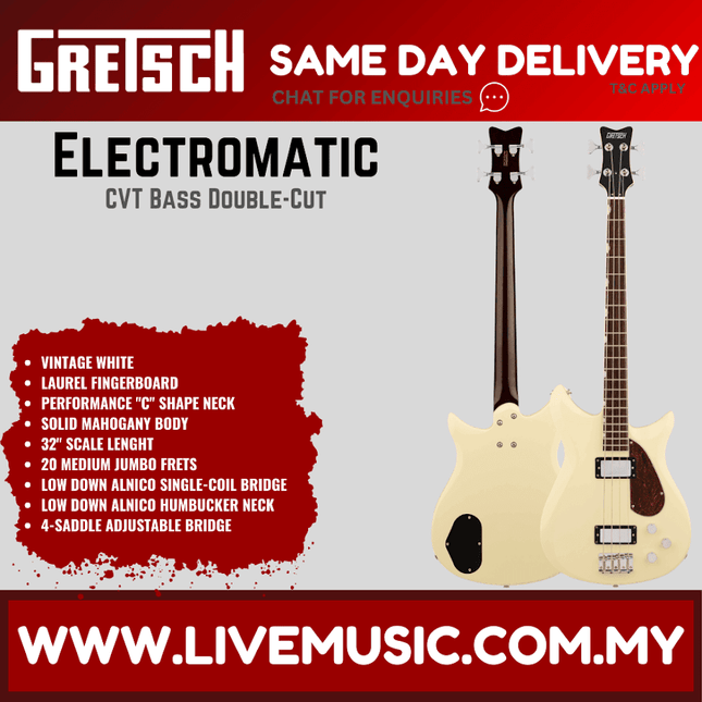 Gretsch Electromatic CVT Bass Double-Cut Guitar, Laurel FB, Vintage White
