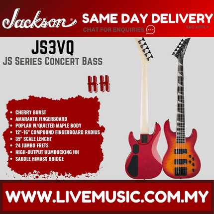 Jackson JS Series Concert Bass JS3VQ Guitar, Amaranth FB, Cherry Burst