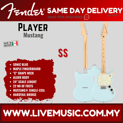 Fender Player Mustang Electric Guitar, Maple Fretboard - Sonic Blue