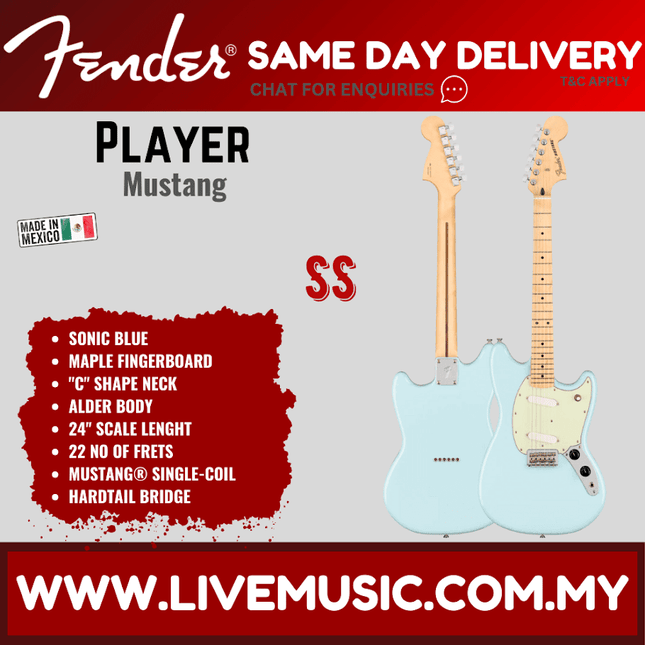 Fender Player Mustang Electric Guitar, Maple Fretboard - Sonic Blue