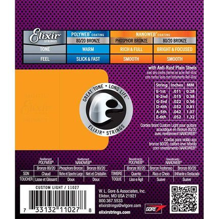 Elixir 11027 Nanoweb 80/20 Bronze Acoustic Guitar Strings, Custom Light (11-52)
