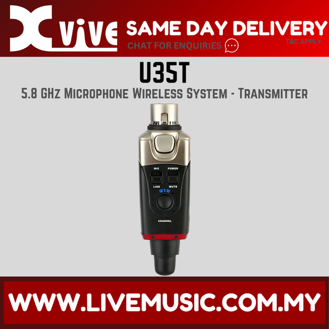 Xvive U35T 5.8GHz wireless microphone transmitter, metallic silver top, black control body.