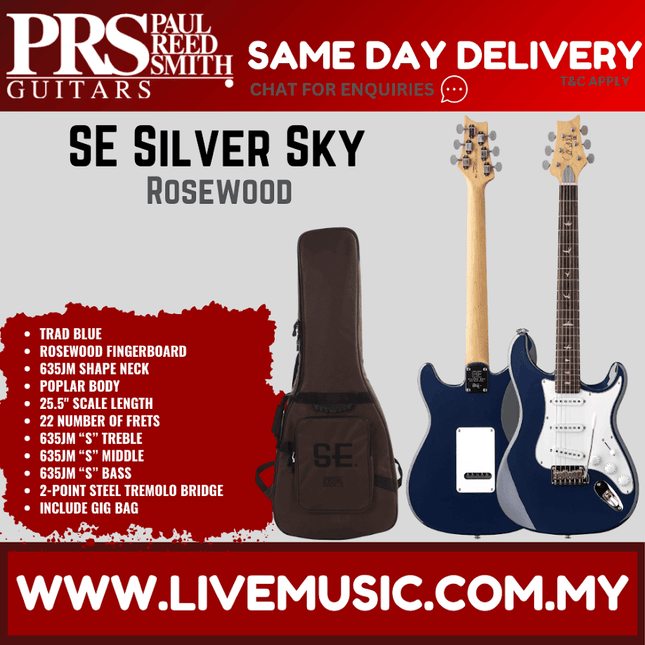 PRS SE Silver Sky Electric Guitar w/GigBag, Rosewood FB, Trad Blue