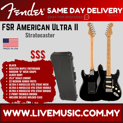 Fender FSR American Ultra II Stratocaster Electric Guitar, Roasted Maple FB, Black