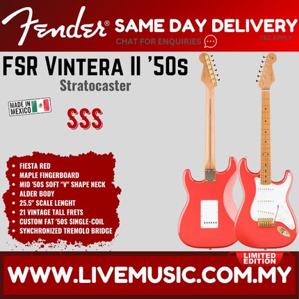 Fender FSR Vintera II 50s Stratocaster Electric Guitar, Maple FB, Fiesta Red w/GHW