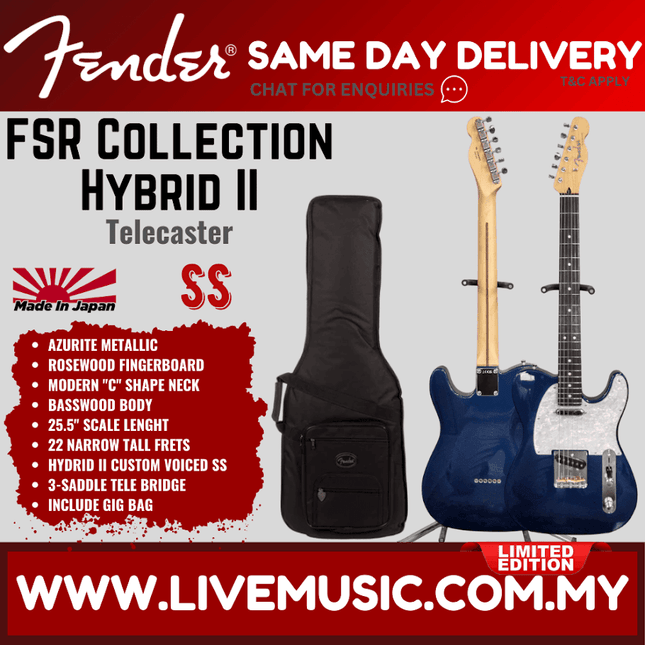 Fender FSR Collection Hybrid II Telecaster Electric Guitar, RW FB - Azurite Metallic/Teal Green Metallic