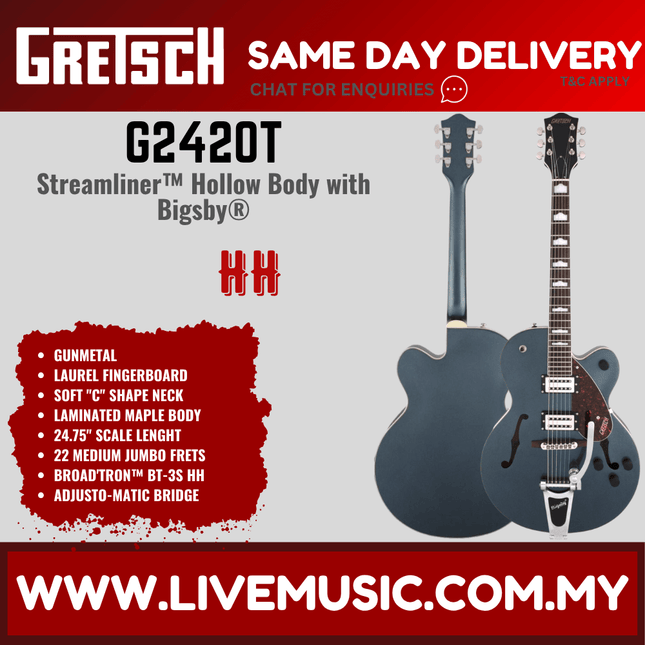 Gretsch G2420T Streamliner Hollow Body Electric Guitar w/Bigsby, Laurel FB, Gunmetal