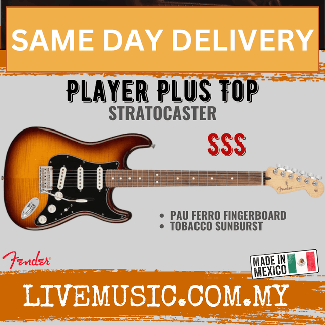 Fender Player Plus Top Stratocaster Electric Guitar, Pau Ferro Fretboard - Tobacco Sunburst