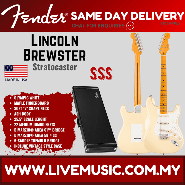 Fender Lincoln Brewster Signature Stratocaster Electric Guitar, Maple FB, Olympic Pearl