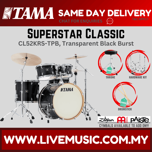 5-piece drum set, transparent black burst finish, no cymbals