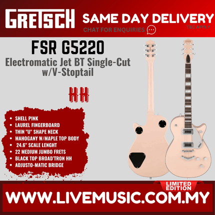 Gretsch G5220 Electromatic Jet BT Single-Cut Guitar w/V-Stoptail, Shell Pink