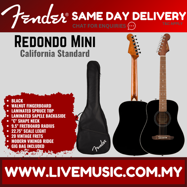 Mini acoustic guitar with gig bag, black body and black padded bag