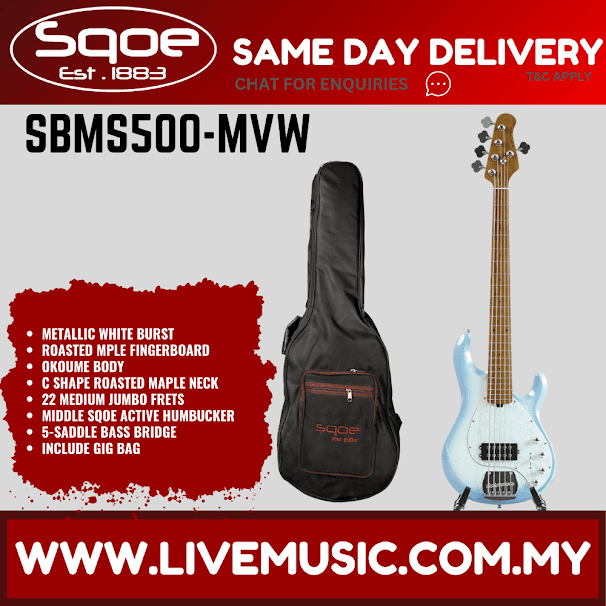 Sqoe SBMS500 5-String Electric Bass Guitar With Gig Bag, Roasted Maple FB - Metallic White Burst ( SBMS500 / SBMS-500 )