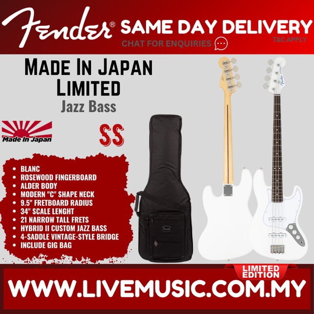Fender MIJ Limited Jazz Bass Guitar, RW FB, Blanc