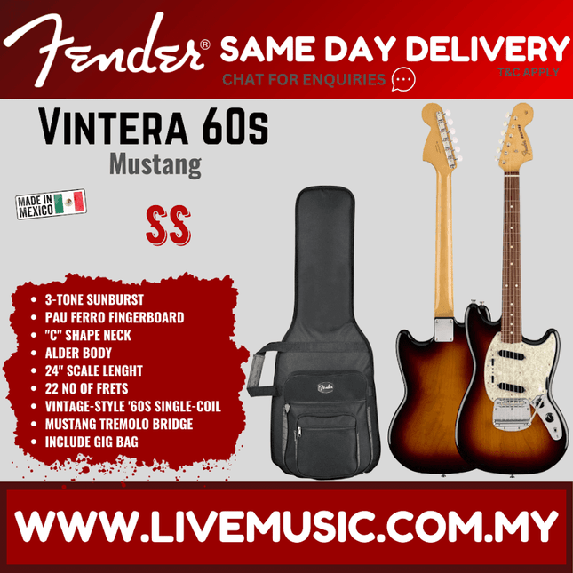 Fender Vintera 60s Mustang Electric Guitar, Pau Ferro Fretboard - 3-Tone Sunburst