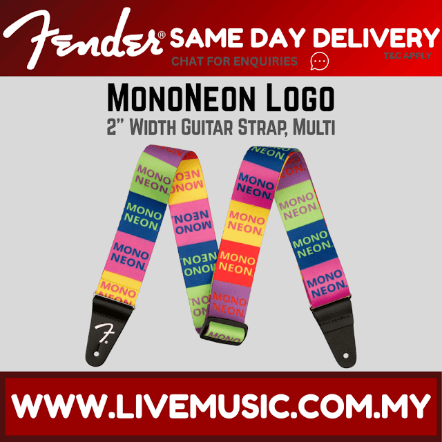 Fender MonoNeon logo 2" guitar strap in multicolor neon pattern with black ends