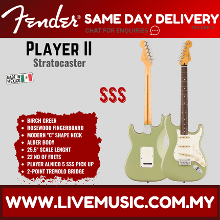 Fender Player II Stratocaster Electric Guitar, RW FB, 3 Tone Sunburst / Birch Green / Coral Red / Polar White