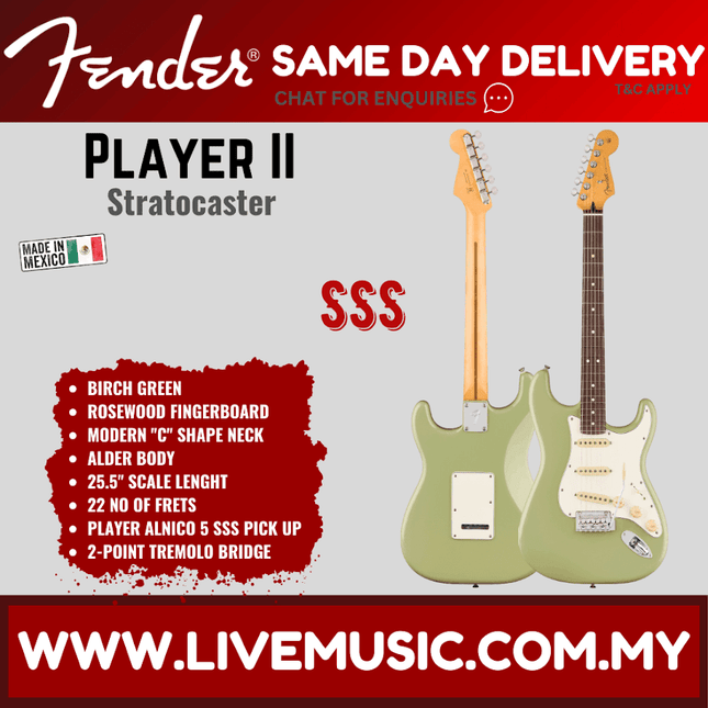 Fender Player II Stratocaster Electric Guitar, RW FB, 3 Tone Sunburst / Birch Green / Coral Red / Polar White