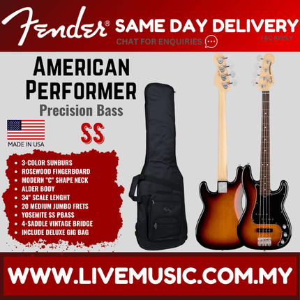Fender American Performer Precision Bass Guitar, Rosewood Fretboard with Case - 3-Tone Sunburst