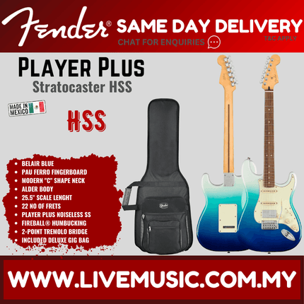 Fender Player Plus HSS Stratocaster Electric Guitar, Pau Ferro Fretboard - Belair Blue