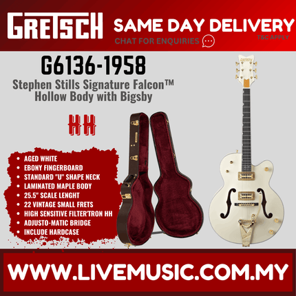 Gretsch G6136-1958 Stephen Stills Signature White Falcon Guitar w/Bigsby, Ebony FB, Aged White